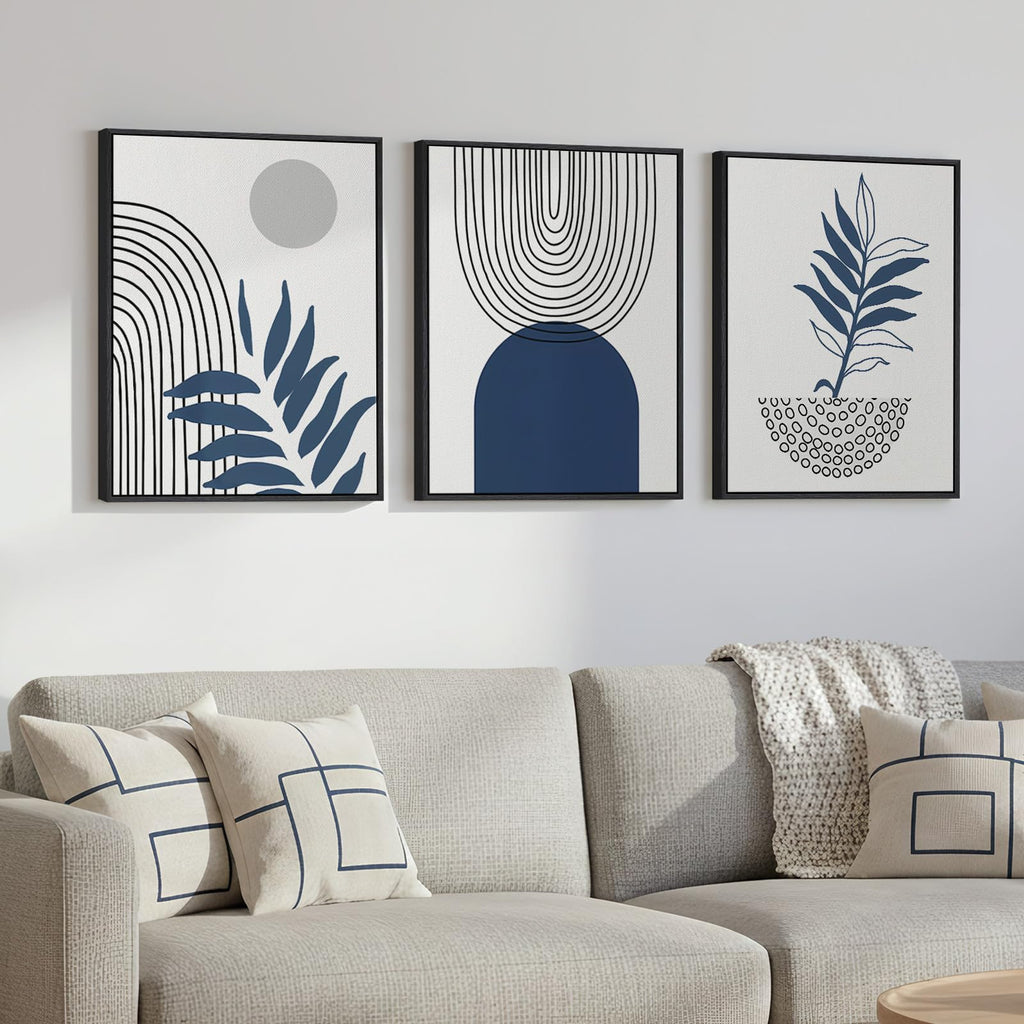 Framed Blue Mid Century Boho Botanical Canvas Wall Art Bedroom, 12x16 Inch