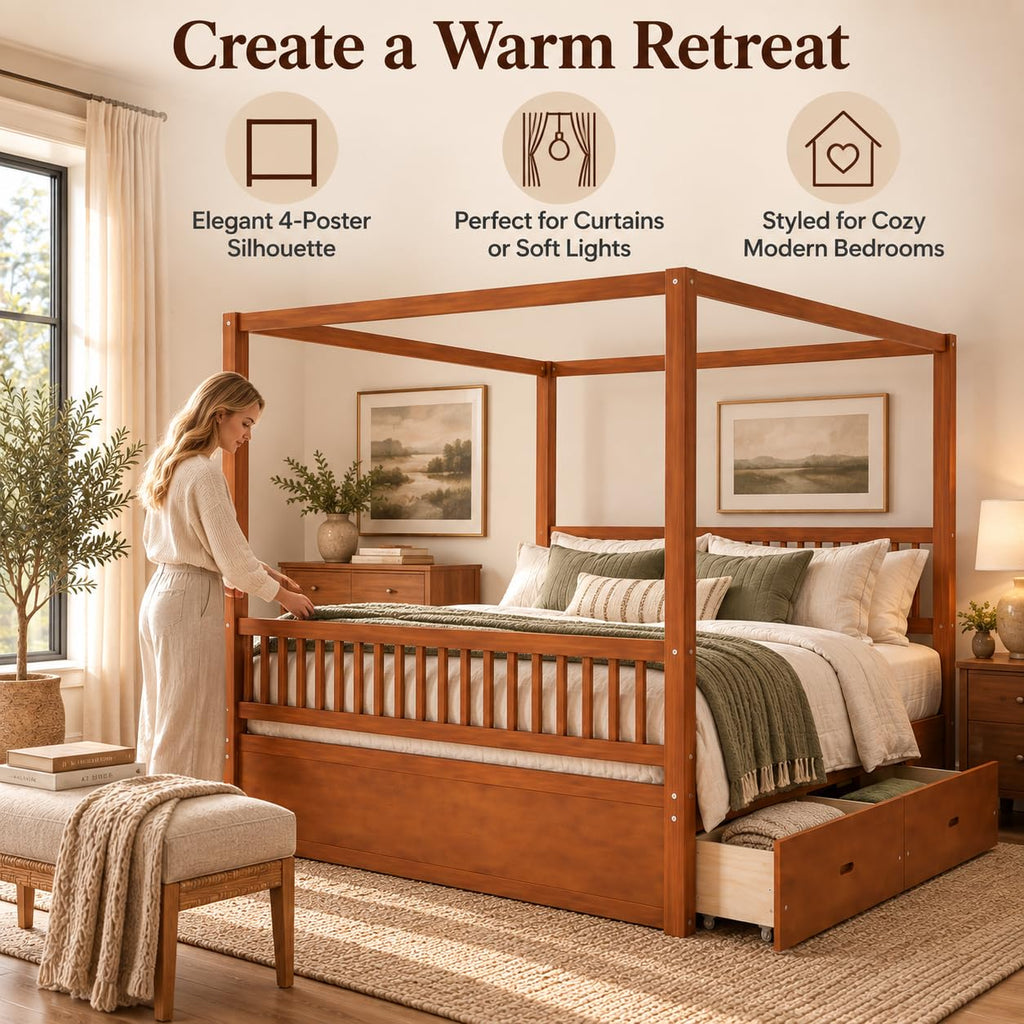 Queen Size Wood Canopy Bed Frame, Walnut Vintage Four-Posters Frames