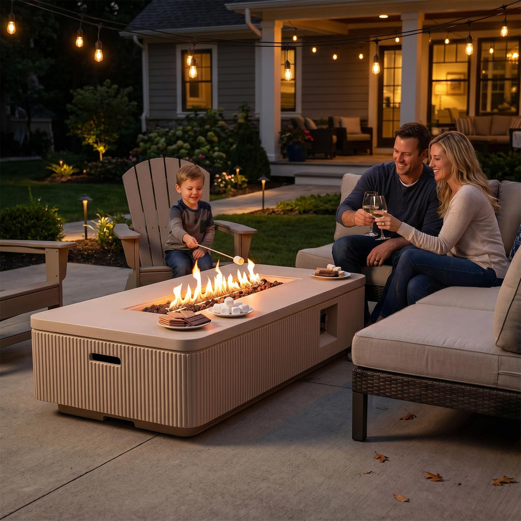 56" Propane Fire Pit Table - Outdoor Natural Gas Fire Pit for Outside Patio, Concrete Rectangle Firepit with