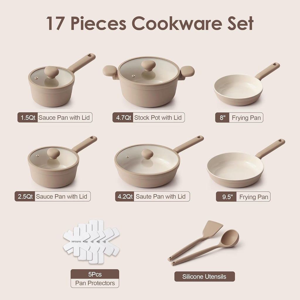 Ceramic Nonstick Pots and Pans Set 17pcs Taupe | Healthy nontoxic ceramic coating, compatible with all stoves
