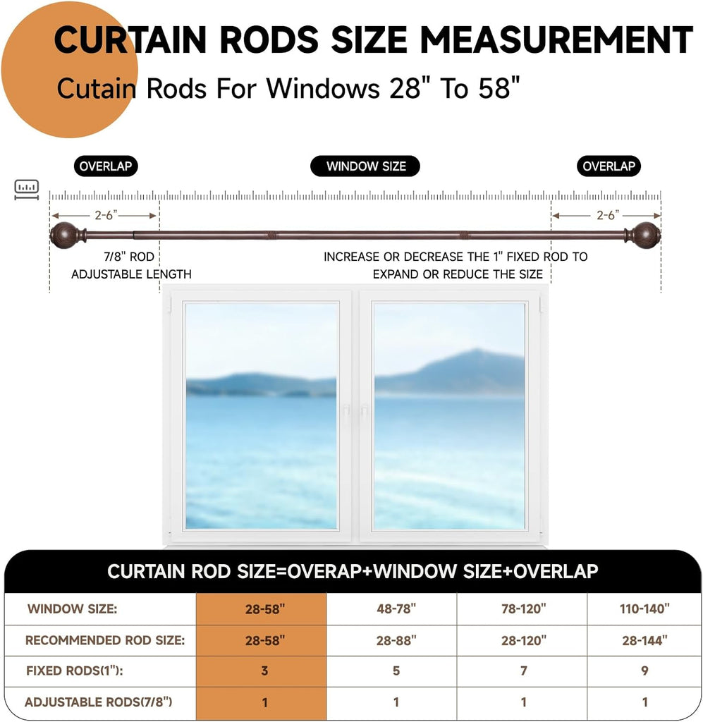 Wood Curtain Rods for Windows,1 inch Heavy Duty Window Curtain Rods with Imitation Wood Grain Finials