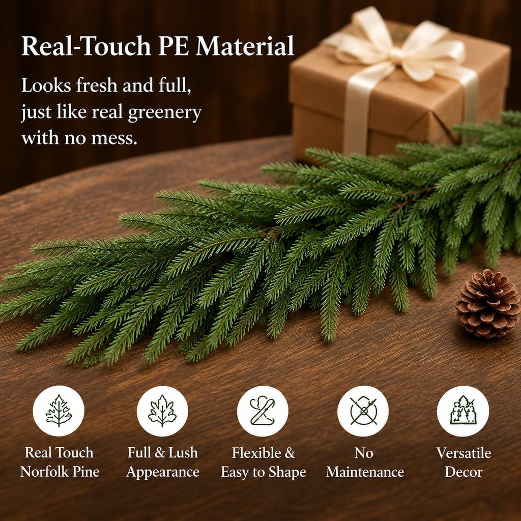 9FT Christmas Norfolk Pine Garland, Real Touch Artificial Greenery Garland, Realistic Faux Pine Garlands for Front