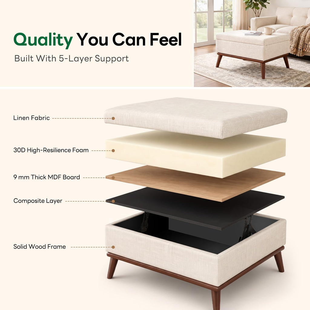 Large Ottoman with Storage, 28.3" Mid Century Modern Rectangle Coffee Table with Lid Lifting Function, High Wooden