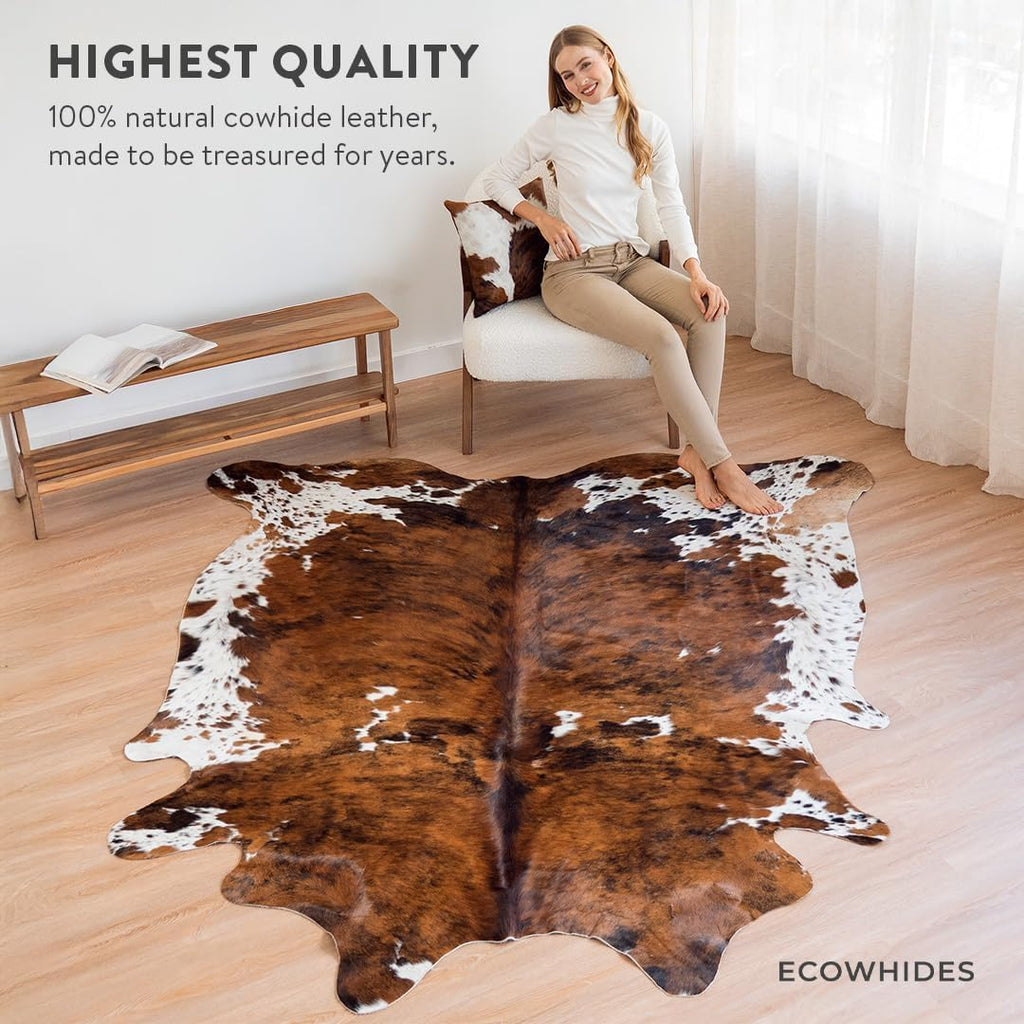 100% Genuine Brazilian Cowhide Rug - Tricolor - Luxury Cowskin Leather Area Rug Décor 7 x 6 feet