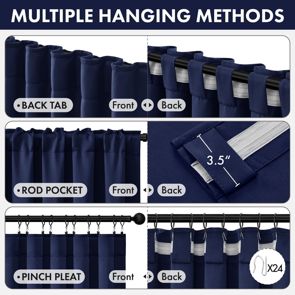 Navy Blue Pinch Pleat Blackout Curtains 40x84 Inch Length 2 Panels