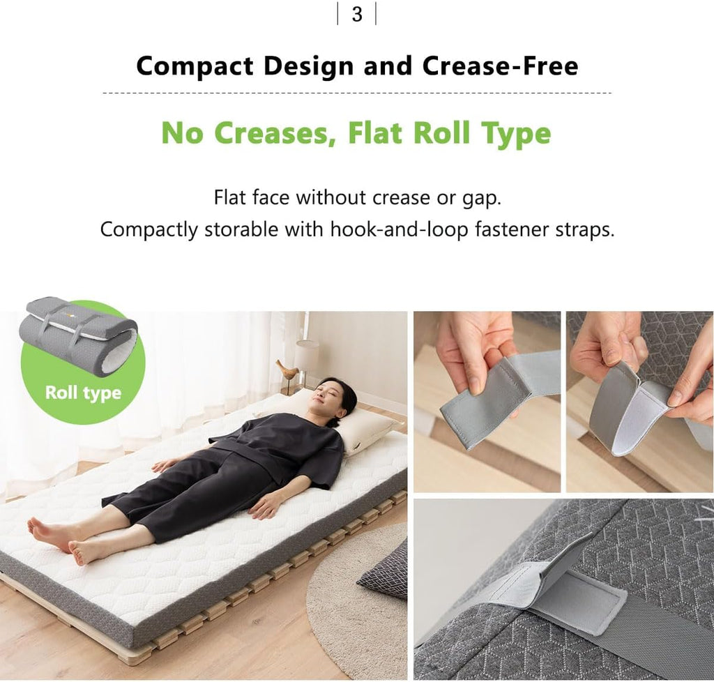 Japanese Futon Mattress Roll-Type Relax-2 Twin, High-Resilience Removable & Washable Cover Guest use Tatami Floor