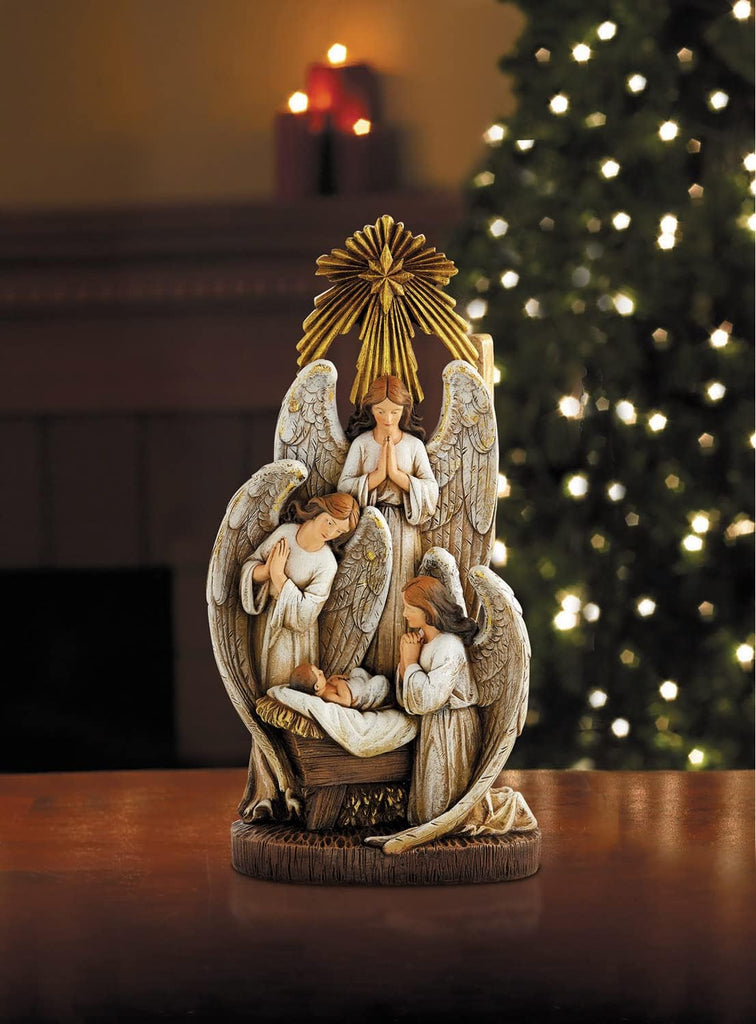 Angels in Adoration Over Baby Jesus Resin Figurine, 13-Inch, Angels in Adoration