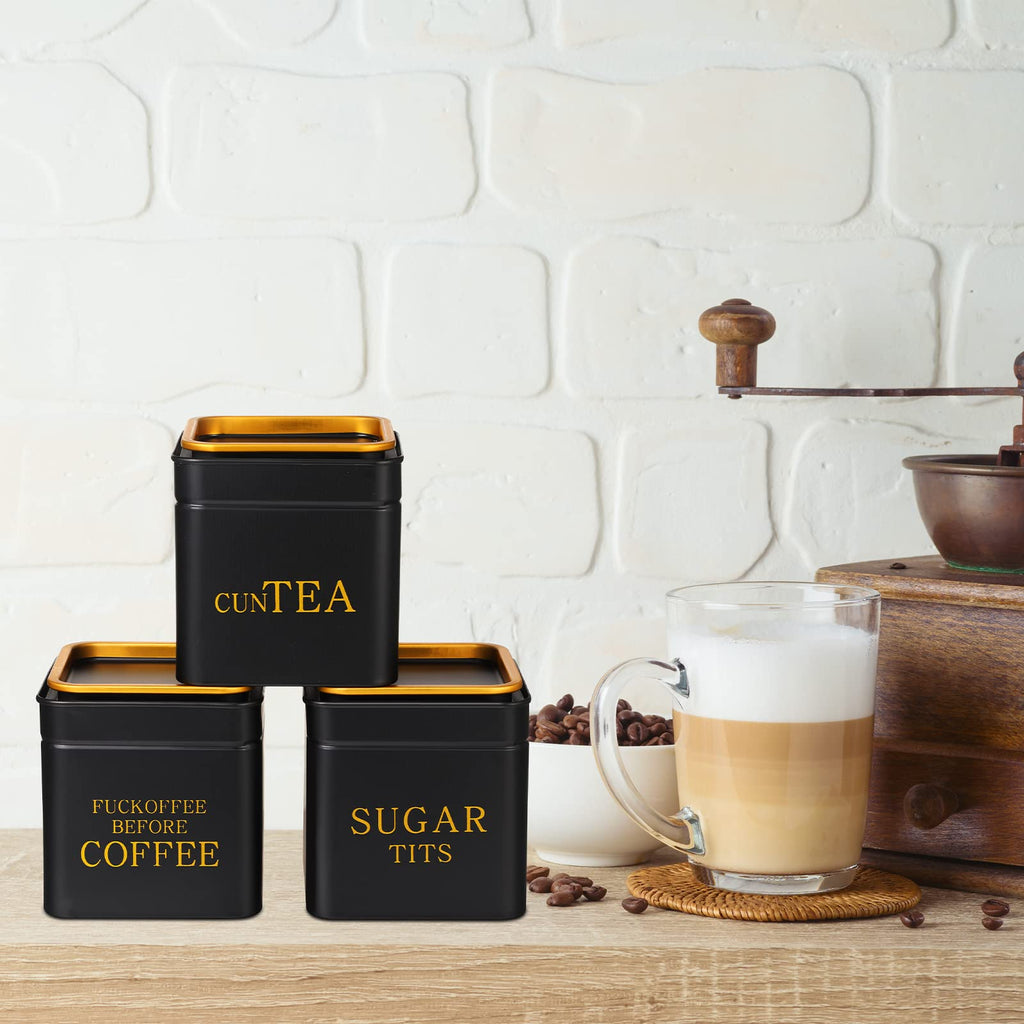 3 Piece Novelty Sugar Tea Coffee Canister Set Gifts Naughty Black Stainless Steel Containers Airtight Metal Coffee