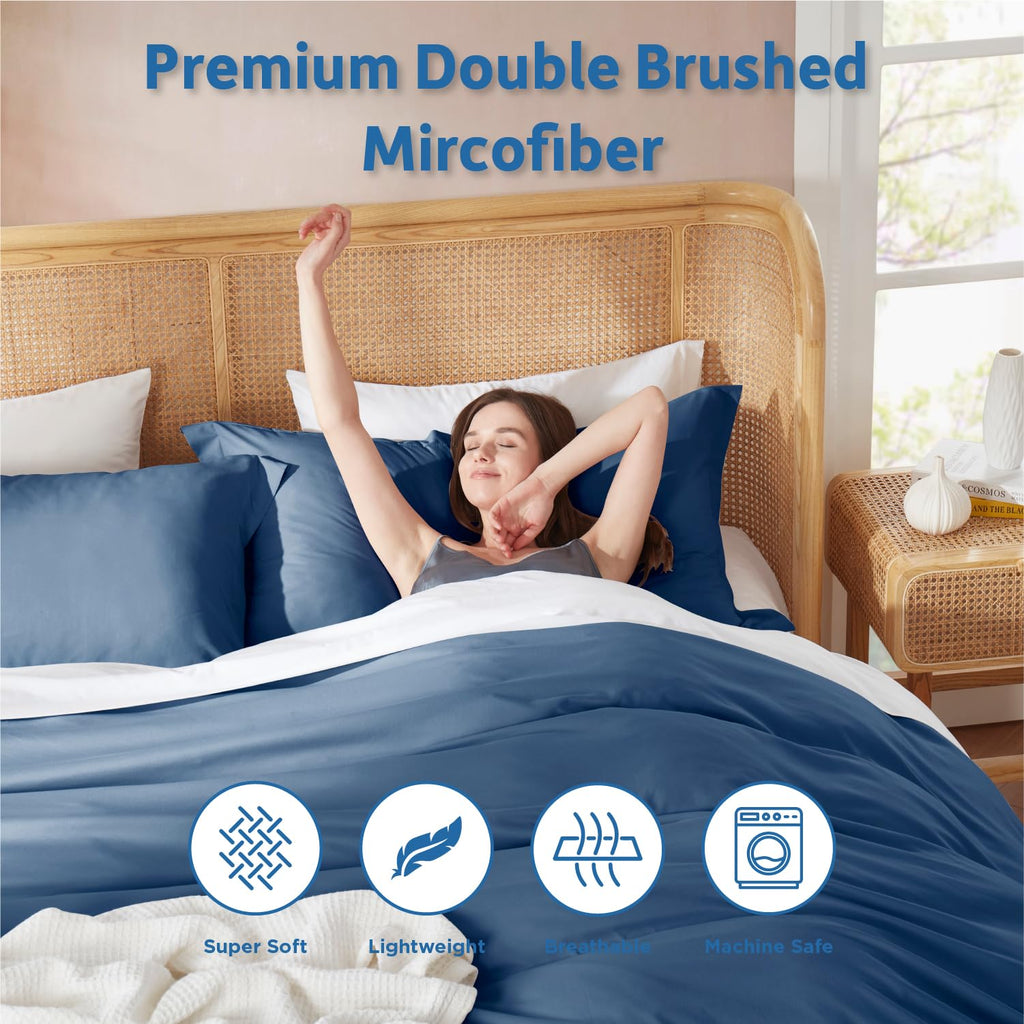 Navy Blue Duvet Cover Sets - Soft Double Brushed Duvet Cover, 3 Piece, with Button Closure