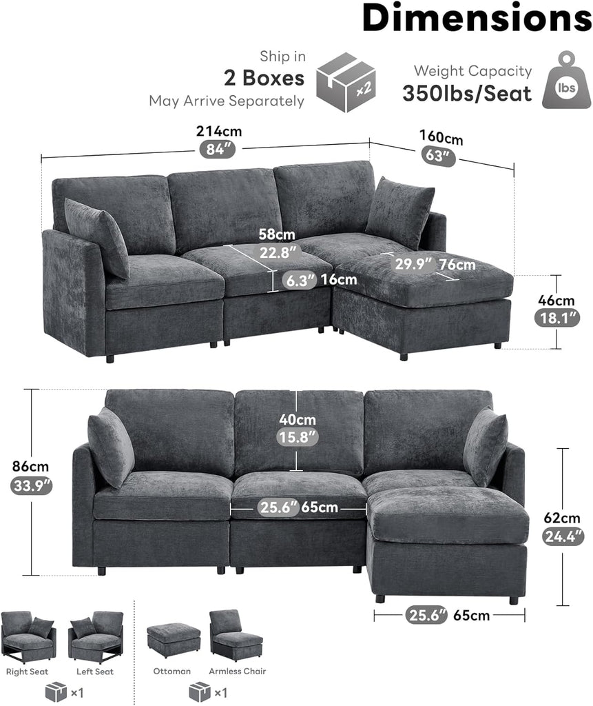 Sectional Couch , Comfy L Shaped Convertible Sofa, 4 Seater Modern Chenille Sofa with Ottoman, Grey