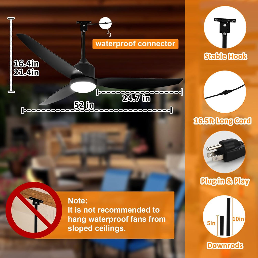 52 Inch Gazebo Fan Outdoor Hanging - Plug in Waterproof Fans with Lights for Patio - Dimmable Remote App Control Black A101-B0DKN9SB8Z
