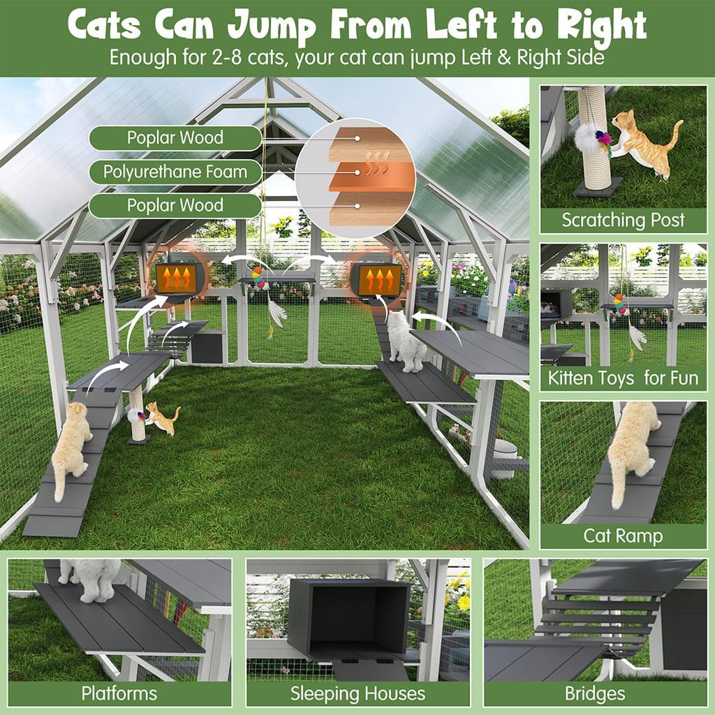 94.5" Extra Large Outdoor Cat Enclosure Catio, Wooden Cat House with 8 Platforms, 2 Cat Houses, Bridge & Scratching