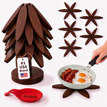 Wooden Trivets for Hot Dishes,5-Pads,Silicone Spoon Holder Included