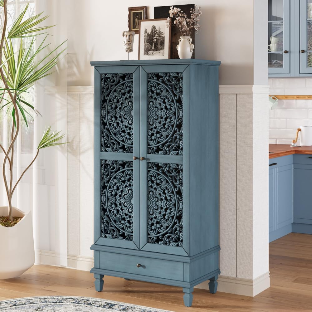 Rustic 55'' Tall Storage Cabinet with Drawer, Decorative 2-Door Carved Wood Accent Cabinet with Solid Wood Legs