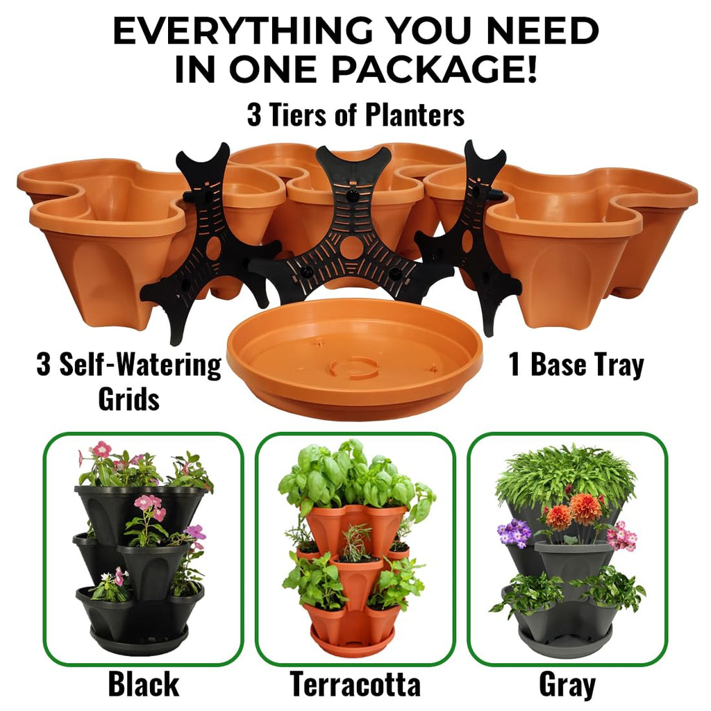 3 Tier Stacking Planter-Flower, Herb, Stackable Garden, Vegetable-Self-Watering-Indoor/Outdoor (Terracotta)
