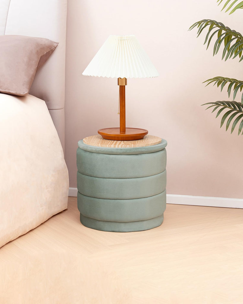 15.4" Round Velvet Storage Ottoman with Tray, Sage