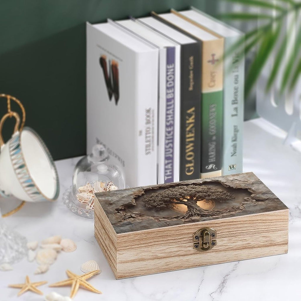 Tree of Life Rustic Wooden Jewelry Box with Hinged Lid - Vintage Natural Wood Keepsake Trinket Storage Organizer Gift