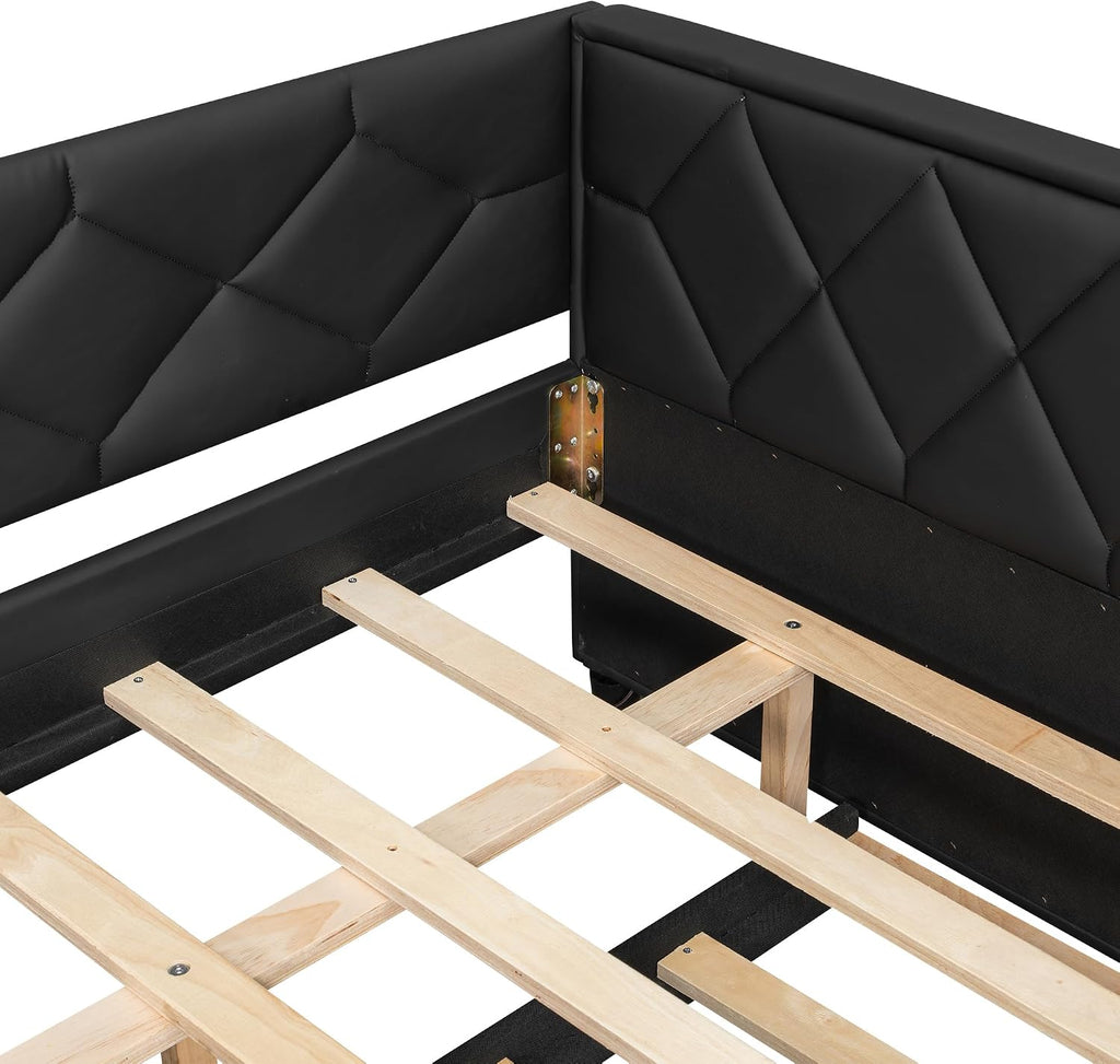 Full XL Size Upholstered Daybed with Pop Up Trundle, Multi-Functional PU Leather Sofa Bed with Backrest and Two