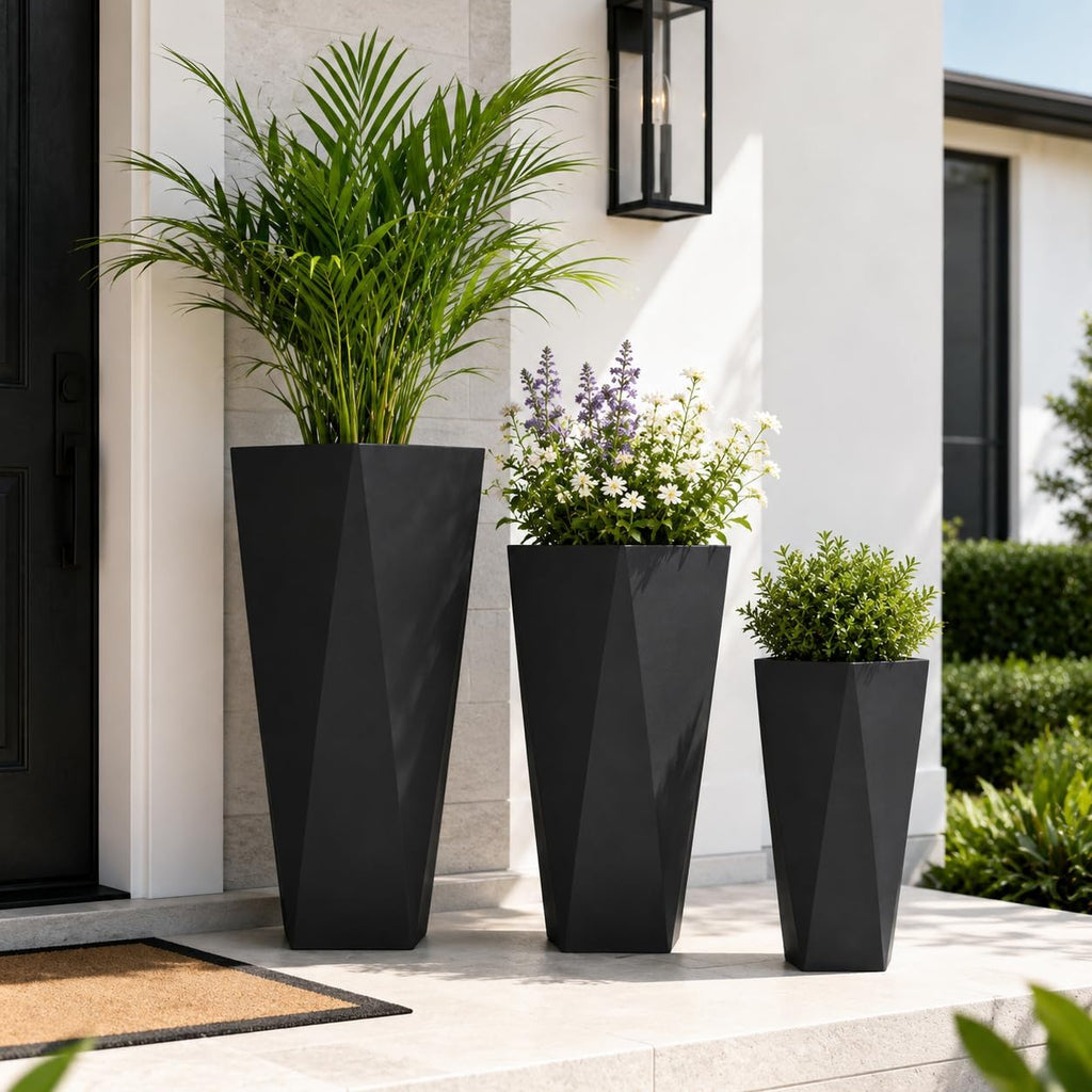 Tall Large Planters Set of 3, Modern Stackable Outdoor Flower Pots with Drainage Holes, Geometric Geometric