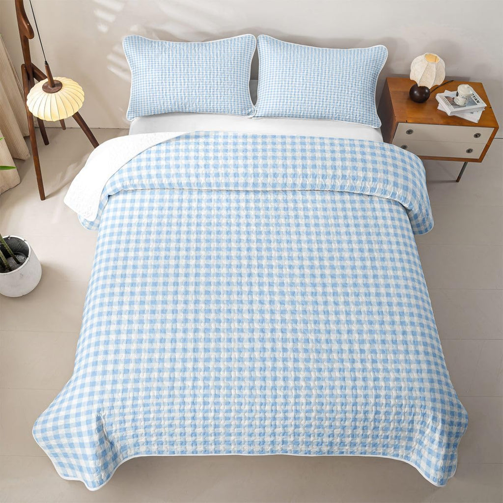 Blue Plaids Quilt, Vintage Checkered Quilt Set for All Season, Cute Geometric Coverlet with 2
