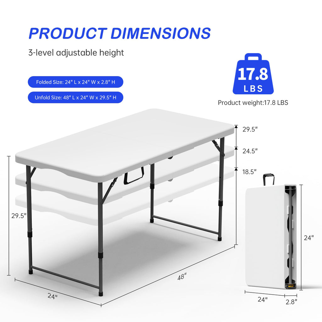 4 FT Folding Table 2 Pack Plastic Foldable Table Adjustable Height