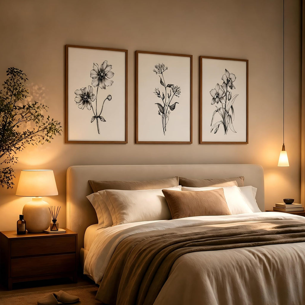 Minimalist Black and White Floral Wall Art Neutral Rustic Botanical Canvas Artwork, Vintage Floral Poster Set of