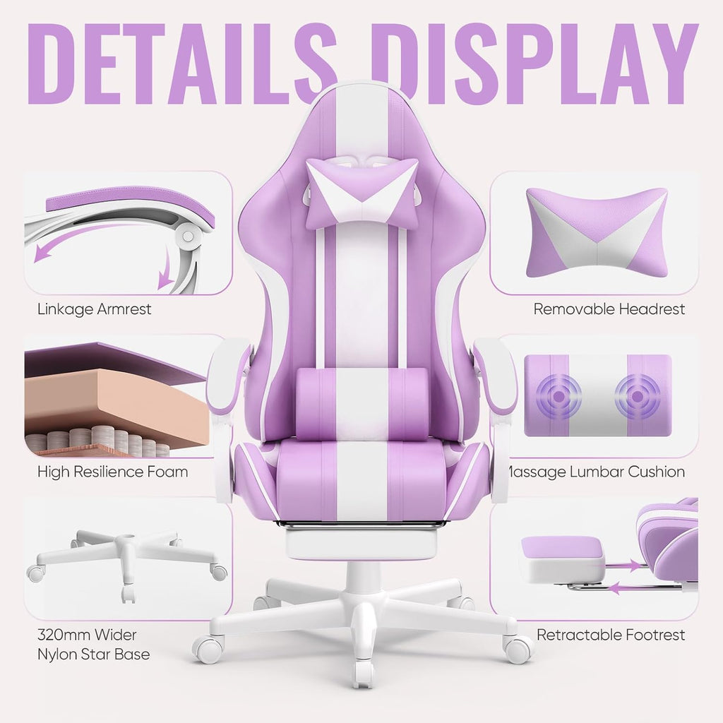 Gaming Chairs, Ergonomic Racing Style PC Game Computer Chair with Headrest Lumbar Support Adjustable Recliner PU