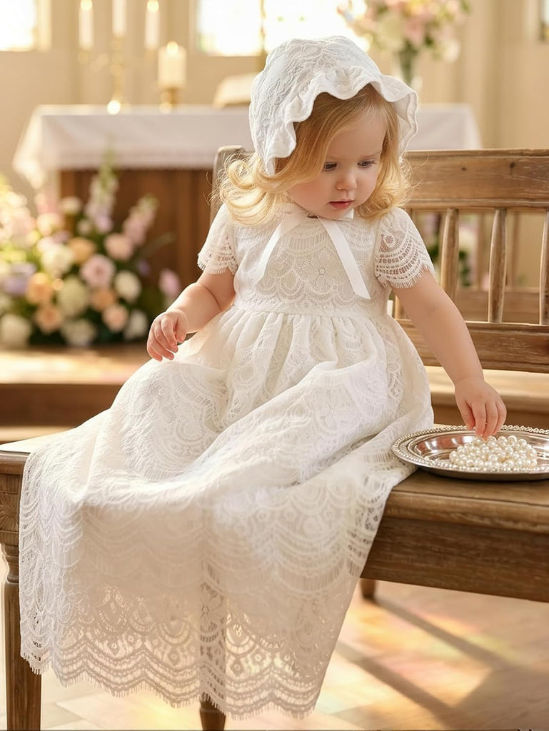 Baby Girls Christening Baptism Dress White Lace Gown with Bonnet