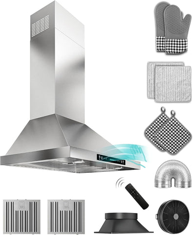 30 Inch Stainless Steel Wall Mount Range Hood 900 CFM Ultra-Quiet 4 Speed Gesture Control, LED Lights Convertible Ducted/Ductless