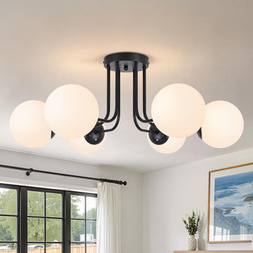 6-Light Modern Semi Flush Mount Ceiling Light Fixture Mid Century Ceilings Lights Globe Ceiling with Milk Glass Shade