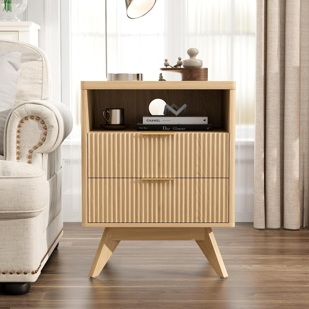Fluted Nightstands Set of 2 with 2 Drawers, Natural Oak Bedside Table with Open Shelf, Modern End Table Set, Wood
