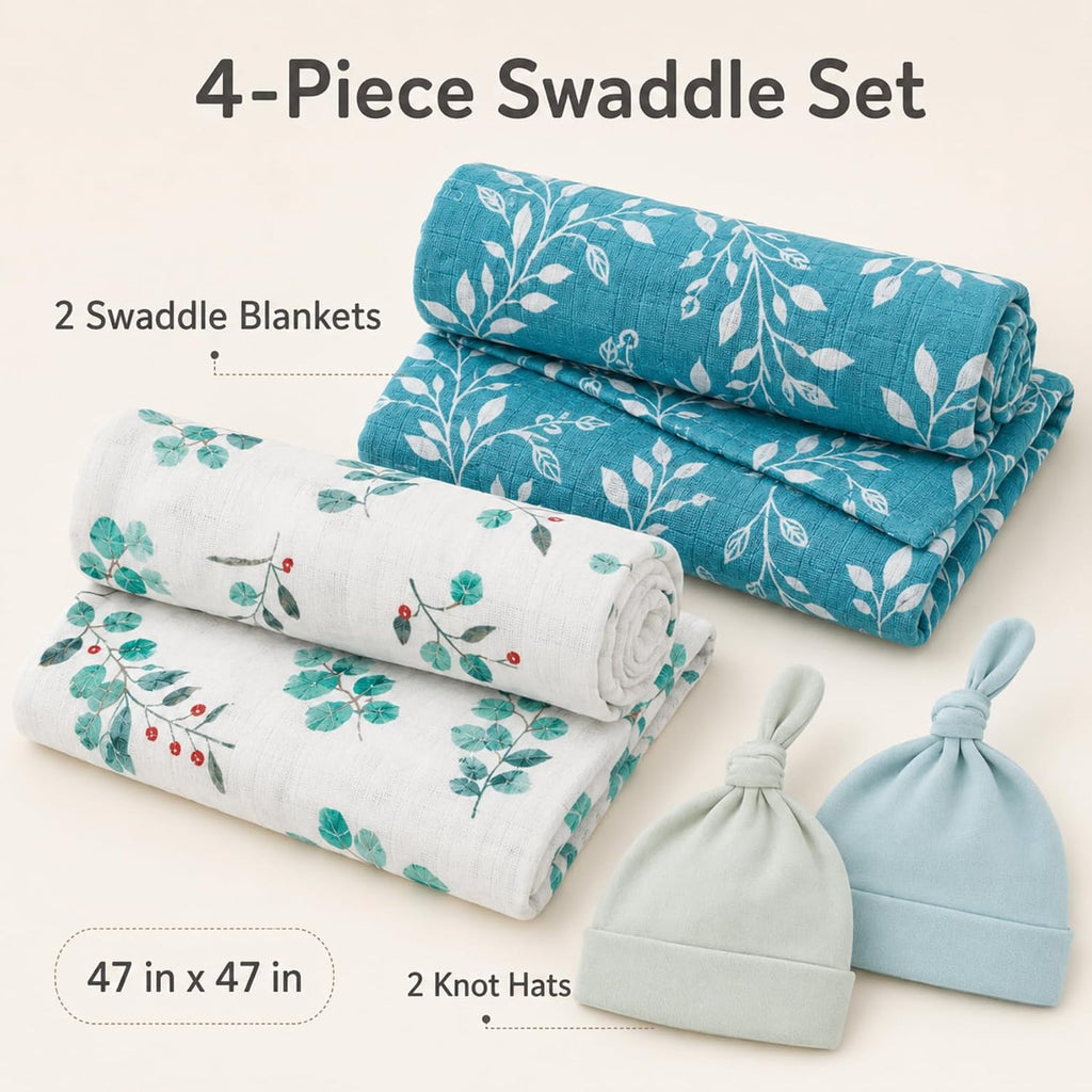 Piece Baby Swaddle Set, 2 Muslin Blankets with 2 Knot Hats