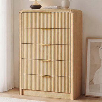 Fluted Wood Dresser 5 Drawers 48" Tall Curved Modern Chest Organizer