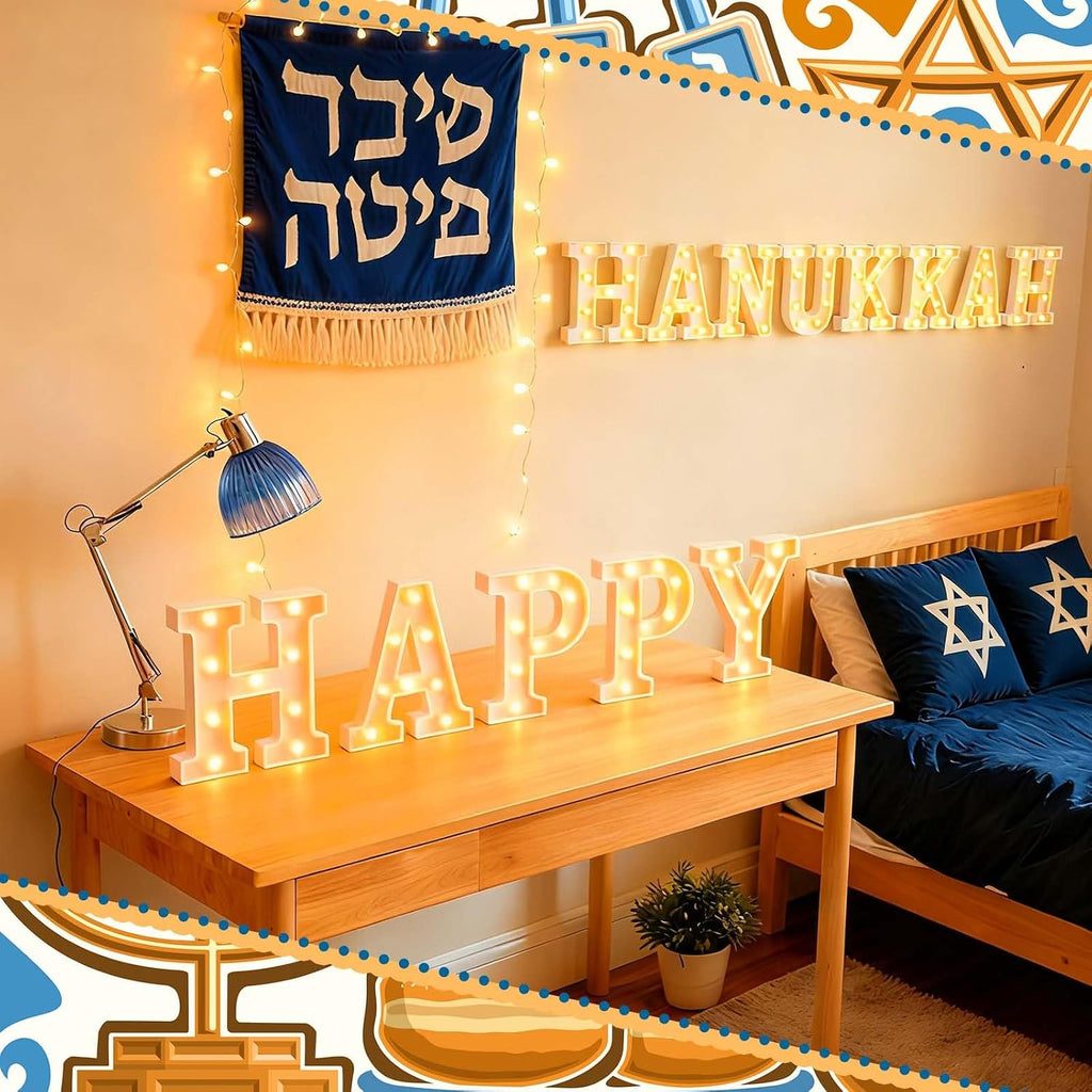 Sukkot Large LED Letter Sign LED Lights Battery Powered Table Decoration for Party Gift Tabletop Decoration(Happy - Set of 13