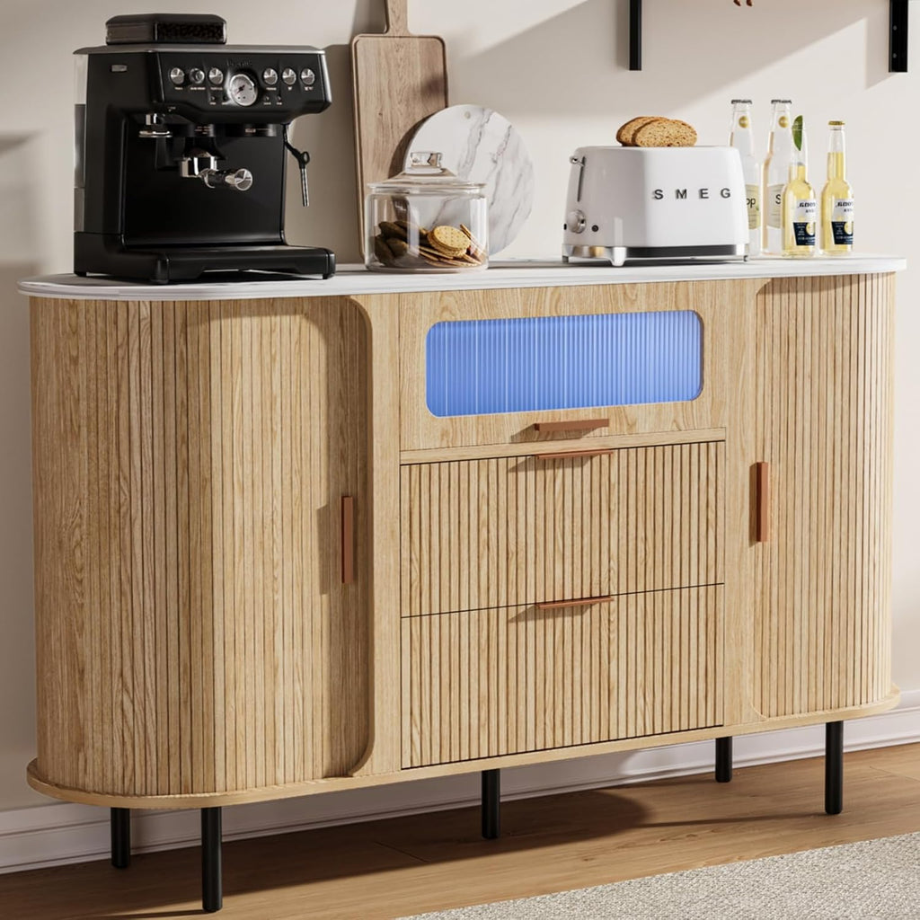 54" Modern Fluted Sideboard Buffet Cabinet with Storage, Oak | Mid Century Coffee Bar with Light & Slide Doors, 2