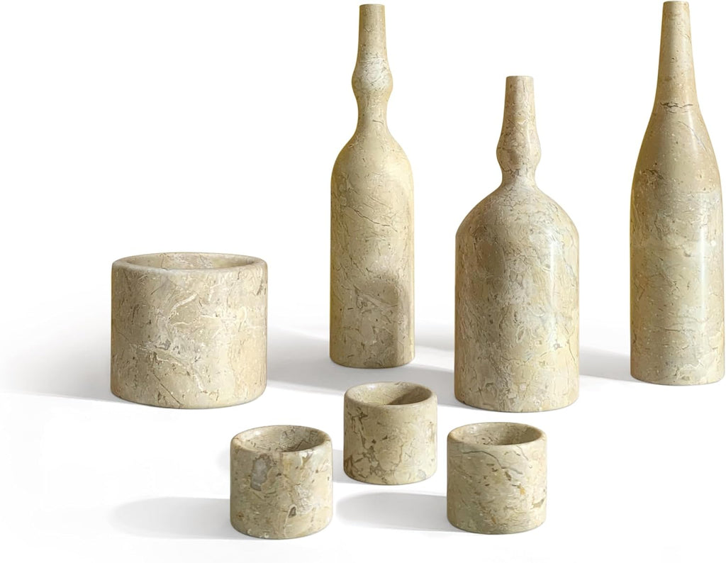 Natural Marble Home Decor Set: Luxury 7-Piece Vase & Candle Holder Collection - Golden Beige Stone Accessories &