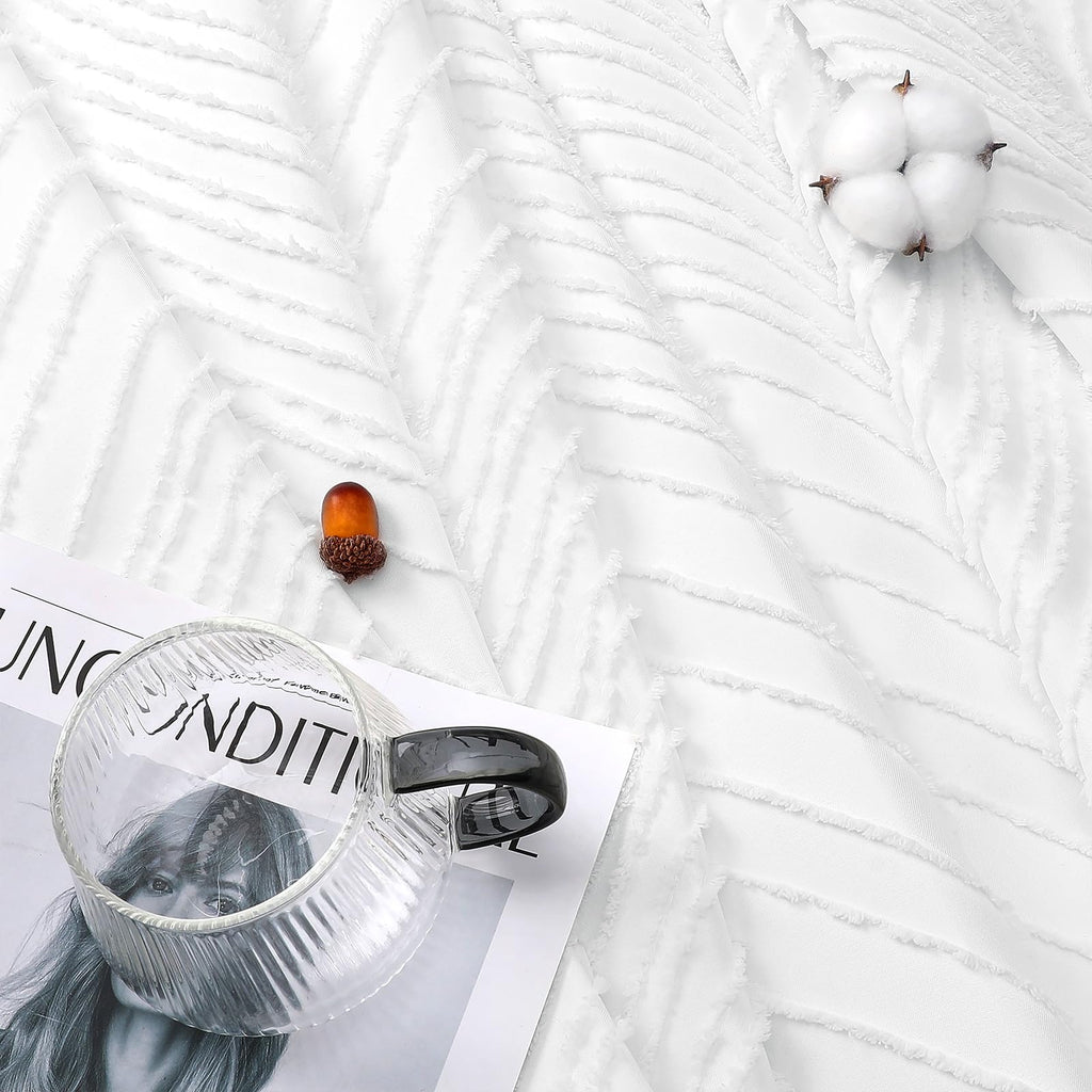 White Boho Tufted Leaves Textured Striped Tassel, 72x80