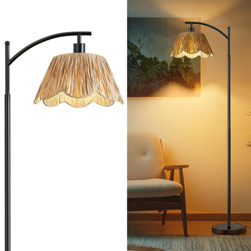 Boho Rattan Floor Lamp, Farmhouse Standing Lamp with Hand-Woven Shade, Black Metal Base & Pole, Foot Switch - Corner