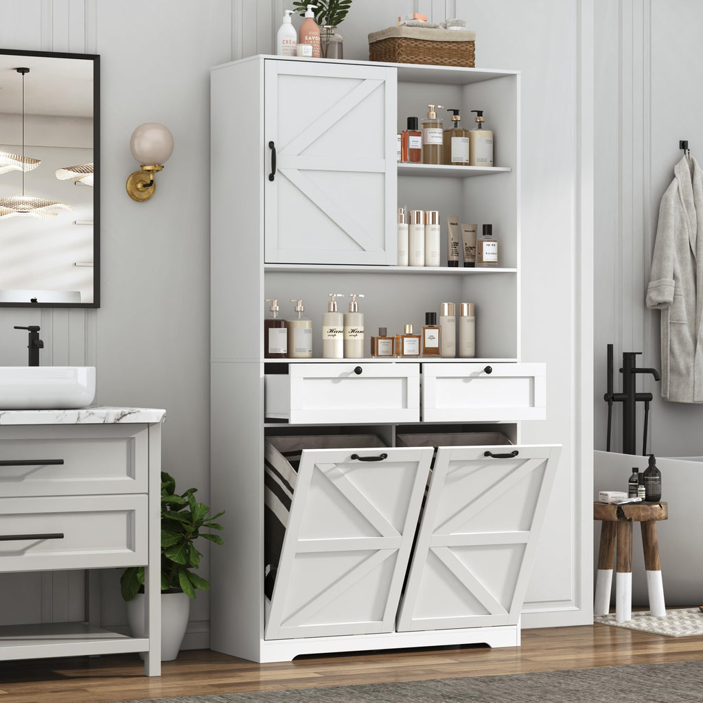 78" Tall Tilt-Out Double Doors Laundry Cabinet Hamper w Hidden Laundry Hamper, Large Pull Out Laundry Room Storage