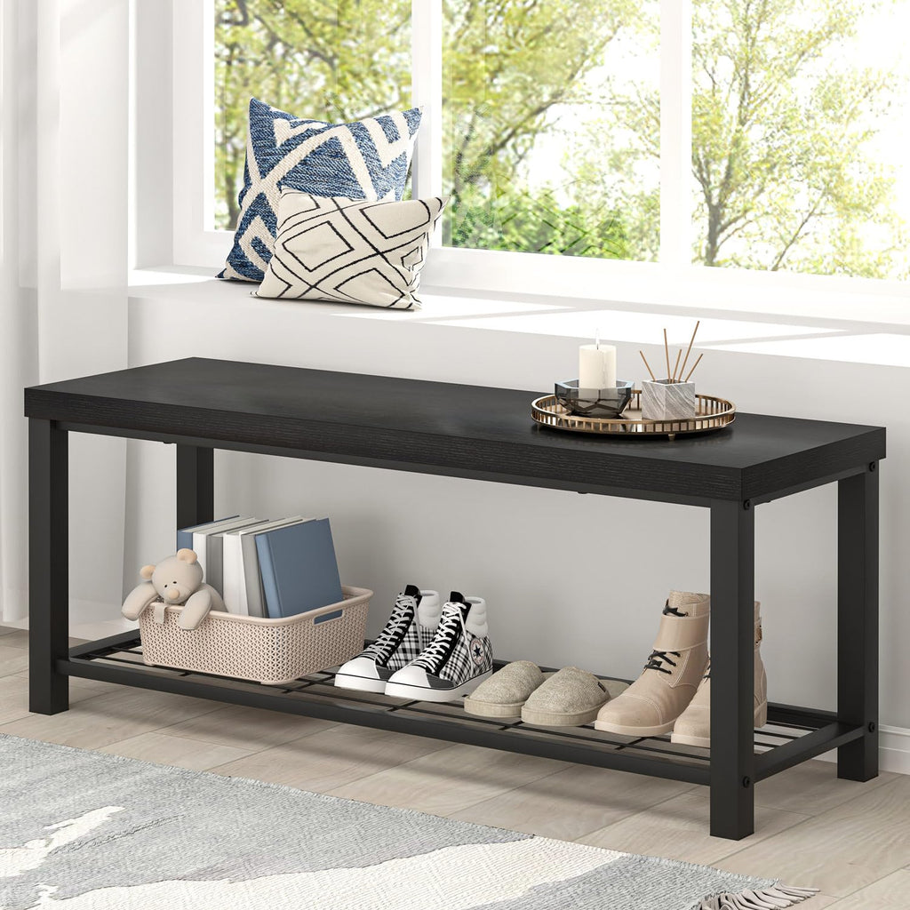 Entryway Bench, Modern Wood and Metal Storage Bench Front Door Entrance, Industrial Indoor Shoe Rack Bench Seat