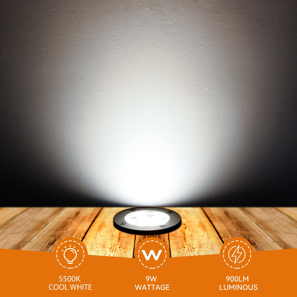 9W LED Low Voltage Landscape Lights, AC/DC 12-24V Outdoor Well Lights IP68 Waterproof 5500K Cool White In-Ground