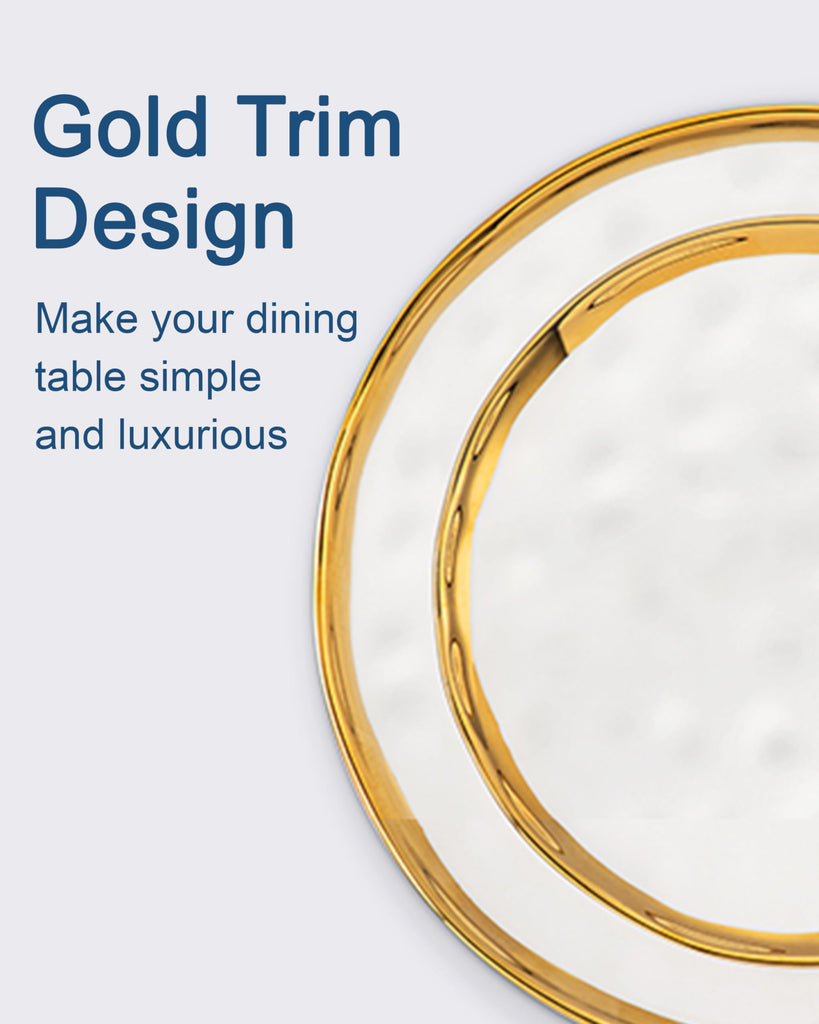 12 Pieces Plates and Bowls Sets, Porcelain White and Gold Dinnerware Sets, Round Dinner Plates Dishes Set Service