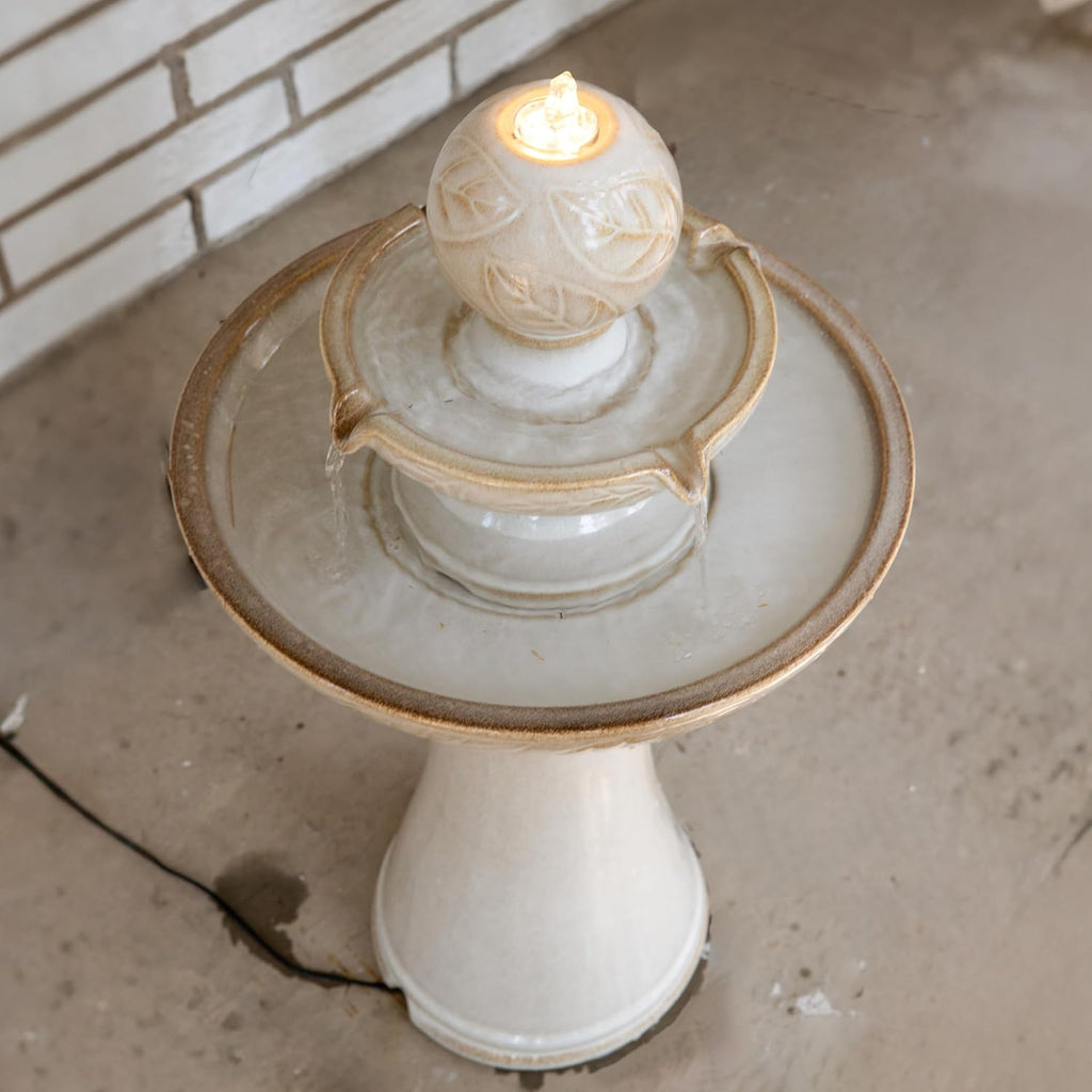 Gentle Glow 26.5" H 2-Tier Ceramic Outdoor Fountain with LED Light - Tiered Water Feature with Electric Pump - Off-White