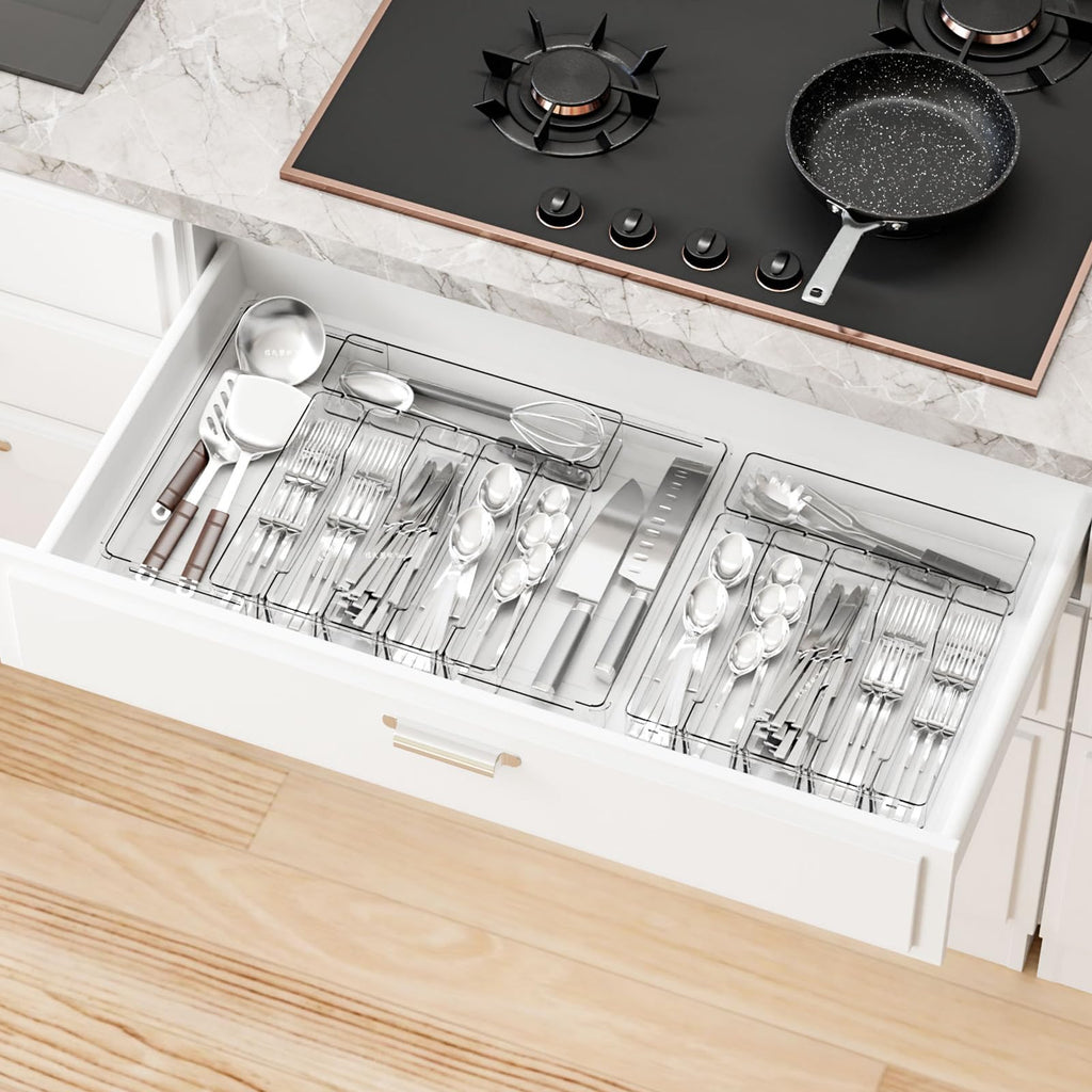 Clear Expandable Silverware Drawer Organizer - Adjust From 11'' to 22'' - Knife,Cutlery,Spoons and Forks