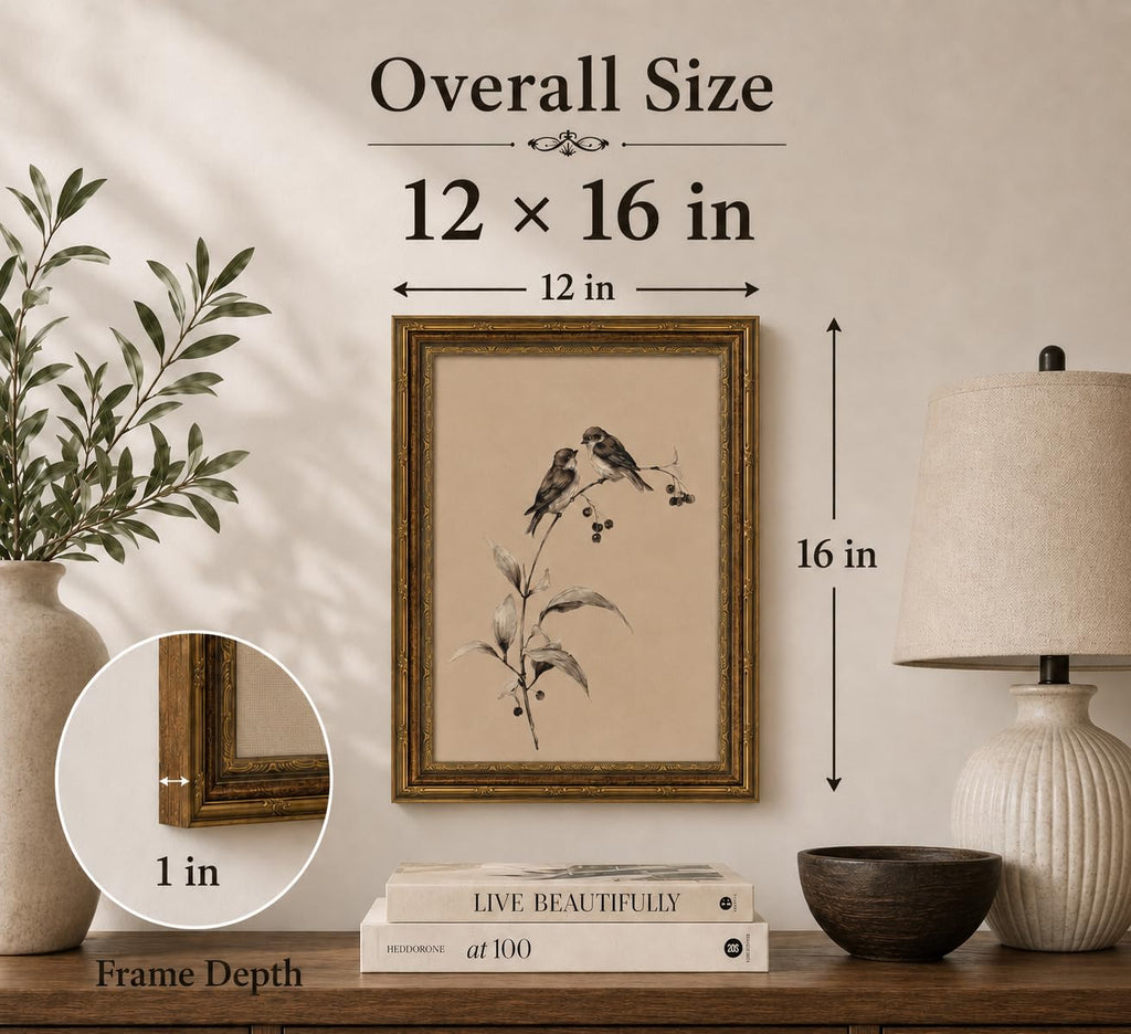 Gold Framed 3D Textured Wall Art, Vintage Sketch Birds on Branch Canvas Prints, Minimalist Love Bird Pictures Decor