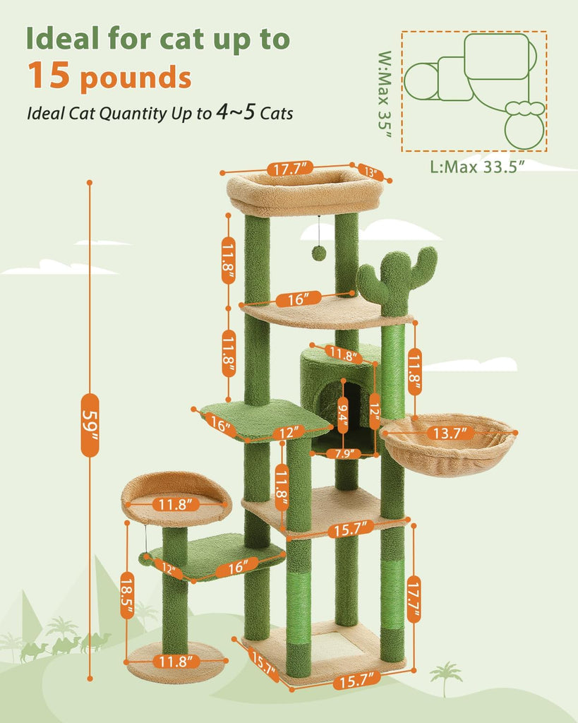 59" Cactus Cat Tree, Large Cat Tree for Indoor Cats, Cat Tower for Large Cats, Multi-Level Tower, Condo with Hammock
