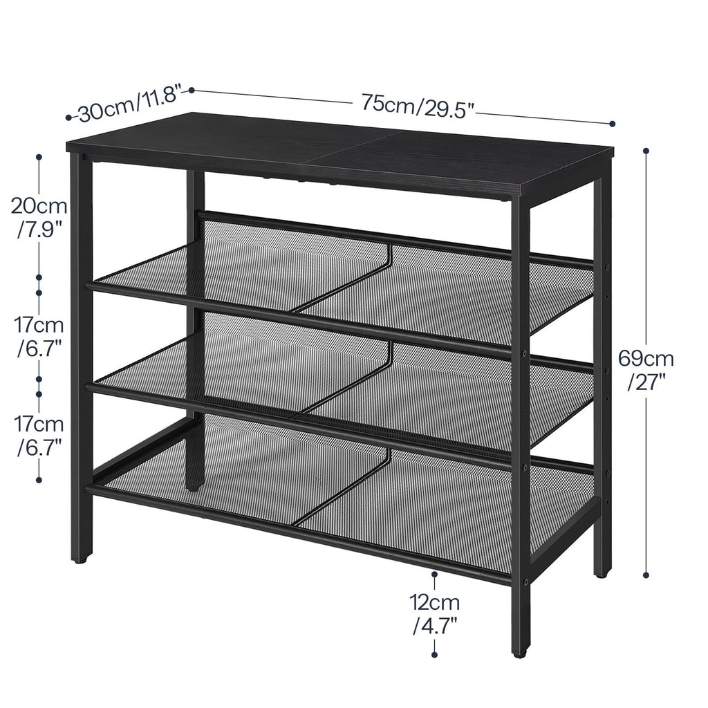 Shoe Rack, 4-Tier Shoe Organizer with Adjustable Mesh Shelves, 12-16 Pairs of Shoes, Spacious Floor Mount, Metal