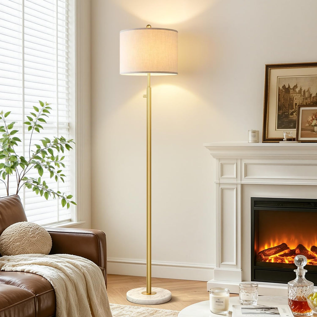 Dimmable Gold Floor Lamp, Turkish Marble Base, White Linen Shade