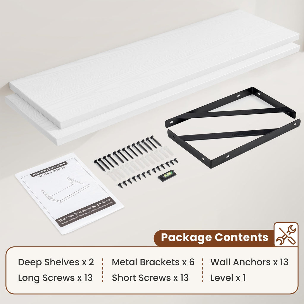 12" Deep Wall Shelves with Metal Brackets, 48" Wide, White Finish, 2pcs