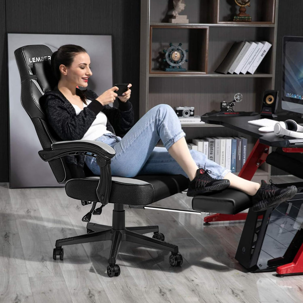 Ergonomic Gaming Chair with Footrest, 400lb Weight Capacity, Gray | Big and tall racing style computer video game